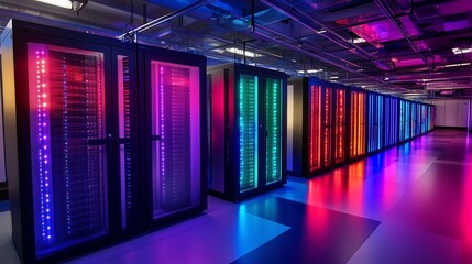 A long hallway with colorful lights. Modern data center in the city. A server glows with lights and leds. A lengthy corridor adorned lifestyle with vibrant lights.