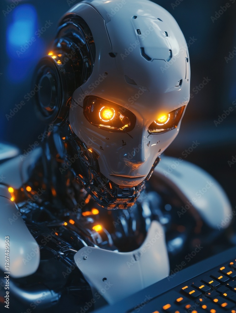 Poster humanoid robot with glowing eyes using computer keyboard