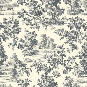Classic Toile de Jouy Seamless Pattern Featuring Detailed Nature Scenes in Monochrome Design