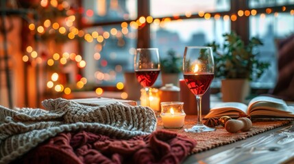 Fototapeta premium A cozy setup of glasses on table, surrounded by books and a warm ambiance,