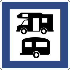Road sign for caravan and trailer camping. Indicates a place intended for parking caravans. Parking for motorhomes.