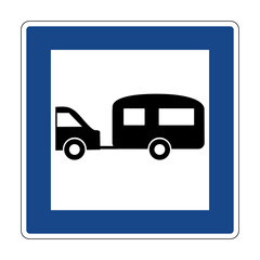 Road sign for car and trailer camping. Indicates a place intended for parking caravans. Parking for motorhomes. Rest and camping areas on tourist routes.
