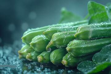 Emerald Harvest, Fresh Okra with Dew Drops on a Dark Glossy Surface