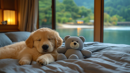 golden retriever puppy sitting on bed