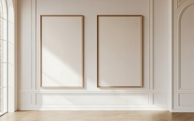 Bright and elegant interior with two large vertical blank frames on a white paneled wall in a modern classic room with sunlight and wooden flooring