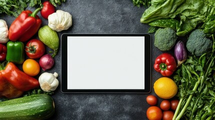 Digital tablet computer with mockup white screen on vegetarian healthy food vegetable background. Online grocery shopping delivery app ads concept, cook book diet plan nutrition recipes, close up vie