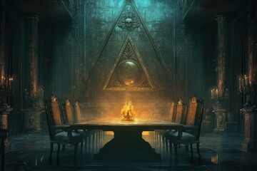Mysterious Medieval Dining Hall: A digital painting of an ancient, dimly lit dining hall with a long table, ornate chairs, and a large triangular wall feature, creating a gothic atmosphere.