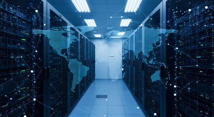Global Network: Server Room Data Center with World Map Overlay, Connecting Digital World, IT Infrastructure & Global Connectivity Concept