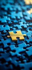 Golden puzzle piece completing blue jigsaw puzzle, concept of teamwork and completing the final piece of the puzzle