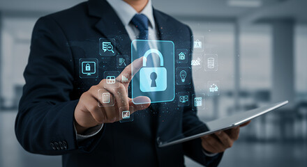 Data Security Solutions: Businessman Securing Digital Information with Touchscreen Padlock - Cybersecurity, Protection & Privacy