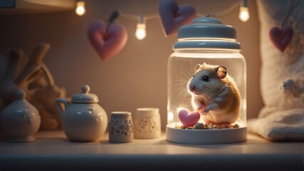A cute hamster holding a heart inside a cozy jar, illuminated by soft lights.