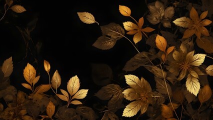 Elegant Black and Yellow Flowers with Gold Frame and Brown Leaves on Dark Background for Aesthetic Design