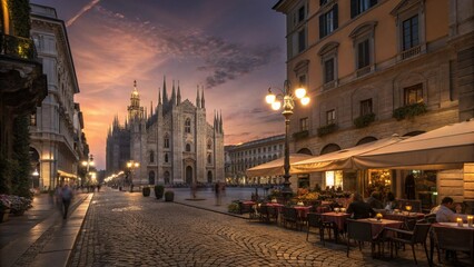 Fototapeta premium European city square at dusk, cobblestone streets, glowing street lamps, cafés with coffee drinkers, cathedral with intricate stonework, warm orange and purple sky. Ultra-detailed 8K.