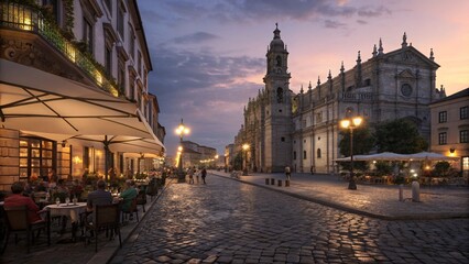 Fototapeta premium European city square at dusk, cobblestone streets, glowing street lamps, cafés with coffee drinkers, cathedral with intricate stonework, warm orange and purple sky. Ultra-detailed 8K.