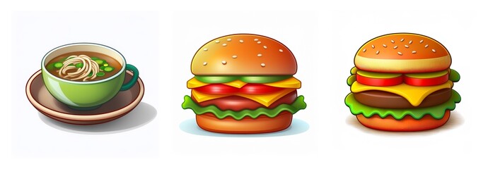 A cup of soup with noodles and peas, next to two burgers with cheese, tomato, lettuce, and sesame seed buns, all food icons.