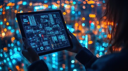 Woman uses tablet with data over night cityscape