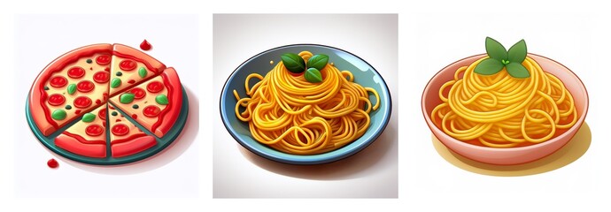 Three food dishes showcase Italian cuisine: sliced pizza and two pasta servings. Each dish is presented on plates and bowls, ready to be enjoyed.
