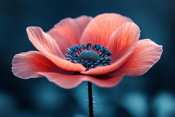 A Crimson Anemone Unveils its Sapphire Heart Against a Teal Dreamscape