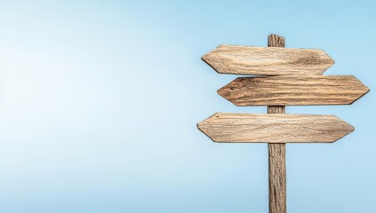 Wooden directional signpost with blank arrows against a blue ocean background