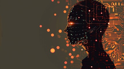 Futuristic digital intelligence cyborg face with glowing circuit board pattern concept of advanced technology machine learning and data processing