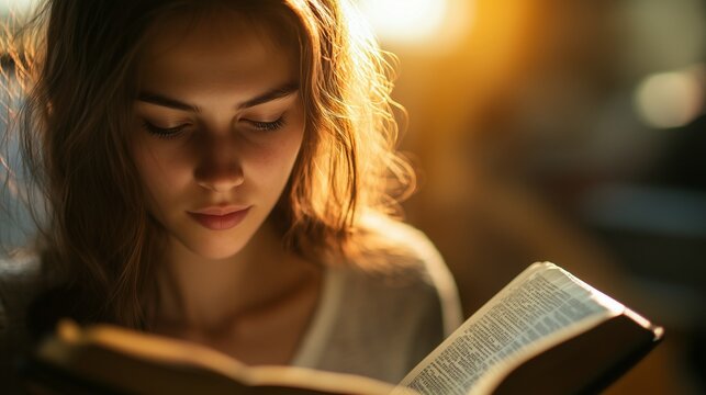 Woman reading book. Woman reading a book of bible. A young young ai is generated. A woman engrossed in lifestyle a book.