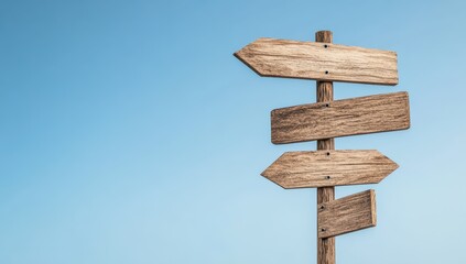 Fototapeta premium Wooden directional signpost with blank arrows against a blue ocean background