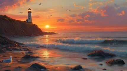 Coastal sunset lighthouse seascape; birds, waves, rocks