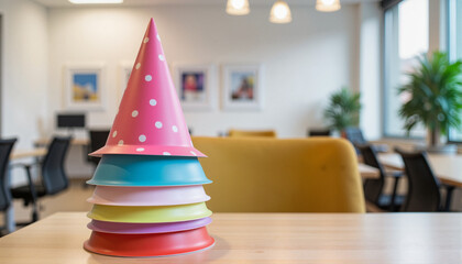 Colorful stacking party hats on a table in a bright office for event planning blogs, children’s party design, online stores, and festive stationery inspiration