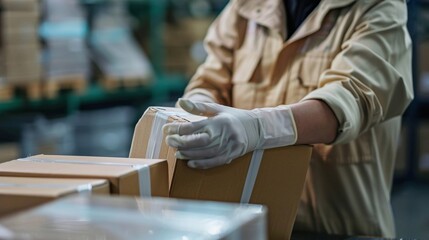 Factory Worker Wearing Protective Gloves Handling Cardboard Boxes and Packages in Warehouse Logistics Distribution Center for Commercial Shipping and Delivery