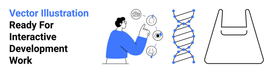 Person pointing at tech icons representing data, innovation, and collaboration near DNA strand and bag graphic. Ideal for biotech, e-commerce, science, education, technology, creativity flat landing