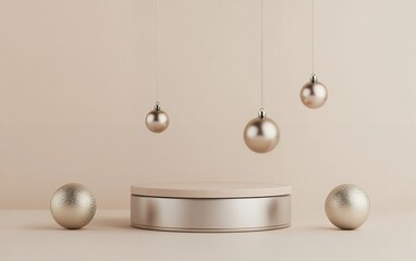 Minimalist luxury podium with hanging silver and gold ornaments in an elegant soft beige scene perfect for product advertising digital branding and high end presentation