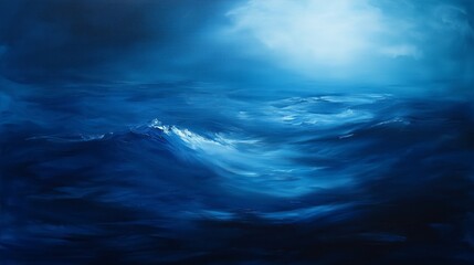 Fototapeta premium Realistic Painting of a Deep Blue Ocean at Night, Illuminated Only by Natural Light.