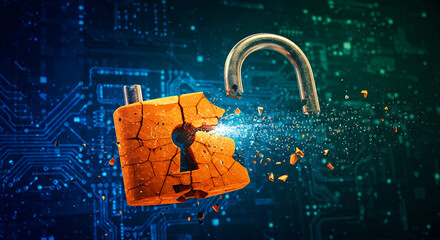 Cyber Security Breach: Unlocked Data, Broken Padlock, Data Loss, Risk & Digital Safety - Security Concept Visual
