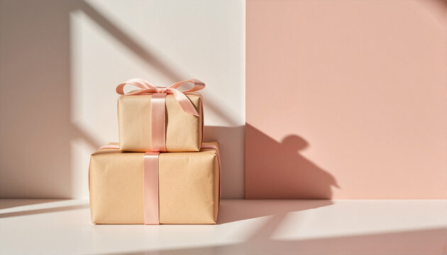 Wrapped gift boxes with pastel ribbons on a soft background for blogs, websites, greeting cards, event invitations, party planning, and promotional materials