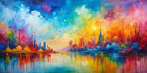 Obraz premium A stunning abstract landscape showcases a city skyline with vivid colors blending into a radiant sunset. The reflection on calm waters enhances the picturesque view, creating an enchanting atmosphere