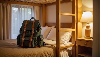 Cozy bedroom scene with a green backpack on the bed for travel blogs, websites, vacation planning, adventure themed designs, and lifestyle content