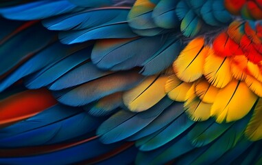 Obraz premium Vibrant close up macro photography of blue and yellow parrot feathers with detailed texture and exotic tropical wildlife aesthetic for nature lovers and designers