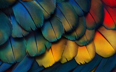 Fototapeta premium Macro photography of multicolored parrot feather texture featuring deep blue golden yellow and fiery orange tones for exotic nature and wildlife enthusiasts