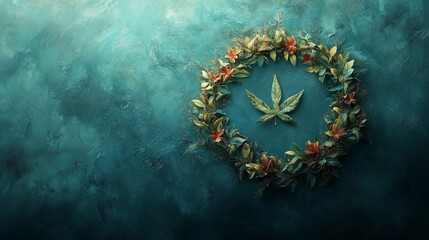 Autumnal Cannabis Leaf Wreath on Teal Textured Background