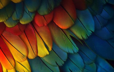 Obraz premium Extreme close up of mesmerizing parrot feathers showcasing a stunning rainbow gradient with rich tropical colors and detailed soft texture for artistic inspiration