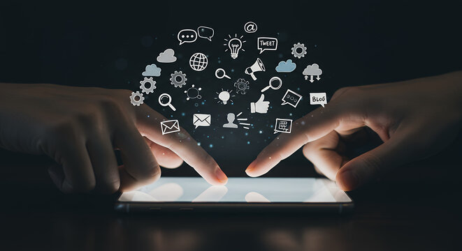 Social Media Magic: Hands on Phone with Networking Icons. Engage, Connect, Share, & Grow!