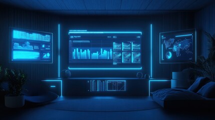 Futuristic Smart Home Control Center:  Neon Blue Dashboard Displays Real-Time Data and Global Information