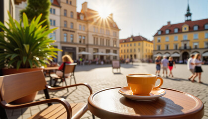 Fototapeta premium Coffee cup on a table in a sunlit square with people walking by for blogs, websites, café-themed designs, travel inspiration, and lifestyle presentations