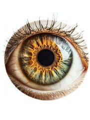 A close-up shot of a human eye with a light brown iris. The eye is isolated against a white background.