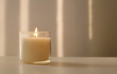 Minimalist aesthetic scented candle with warm flickering flame in a transparent glass jar placed on a soft neutral surface with cozy ambient lighting
