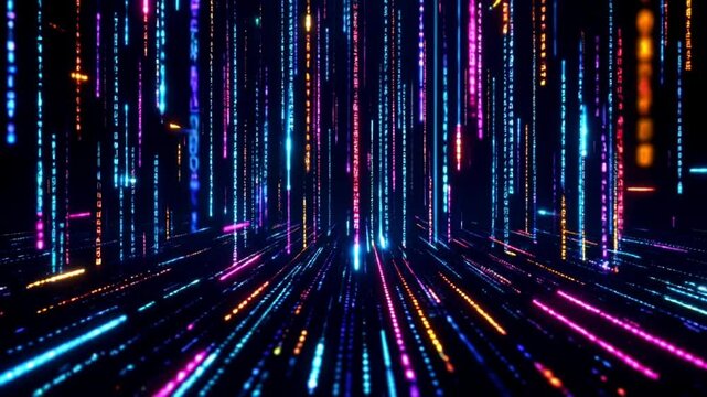 Colorful data streams flow through a futuristic digital tunnel, creating a vibrant scene.
