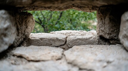 Fototapeta premium Stone loophole in an ancient fortress wall offers a view of green forest foliage during daytime.