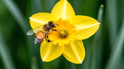 Closeup shot of a honeybee collecting nectar from a bright yellow daffodil, sharp details, highdefinition macro photography, nature in motion