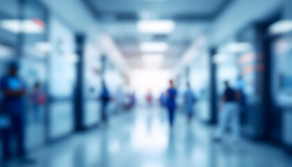Abstract blurred vision of medical center hallway with people passing