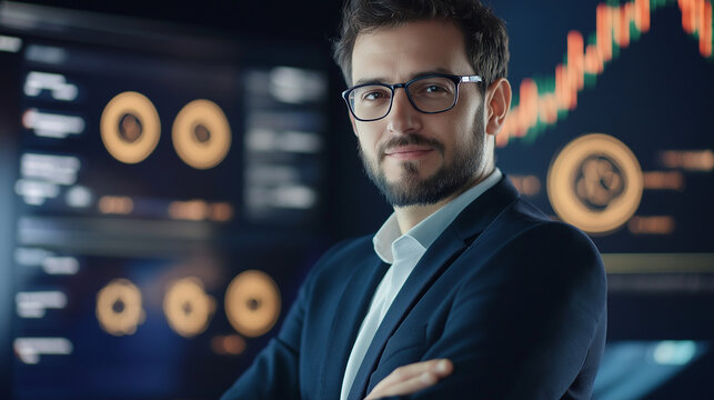 Blockchain expert in a modern co-working space, standing in front of digital cryptocurrency graphs and futuristic data screens